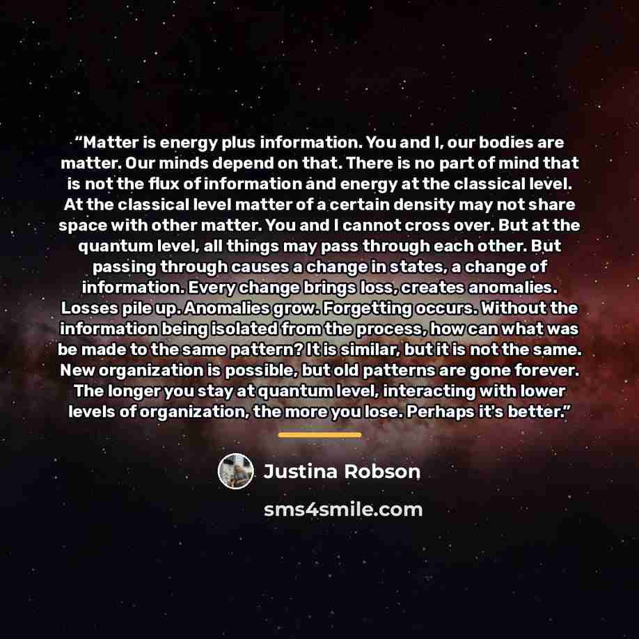“Matter is energy plus information. You and I, our bodies are matter. Our minds depend on that. There is no part of mind that is not the flux of information and energy at the classical level. At the classical level matter of a certain density may not share space with other matter. You and I cannot…” quote by Justina Robson