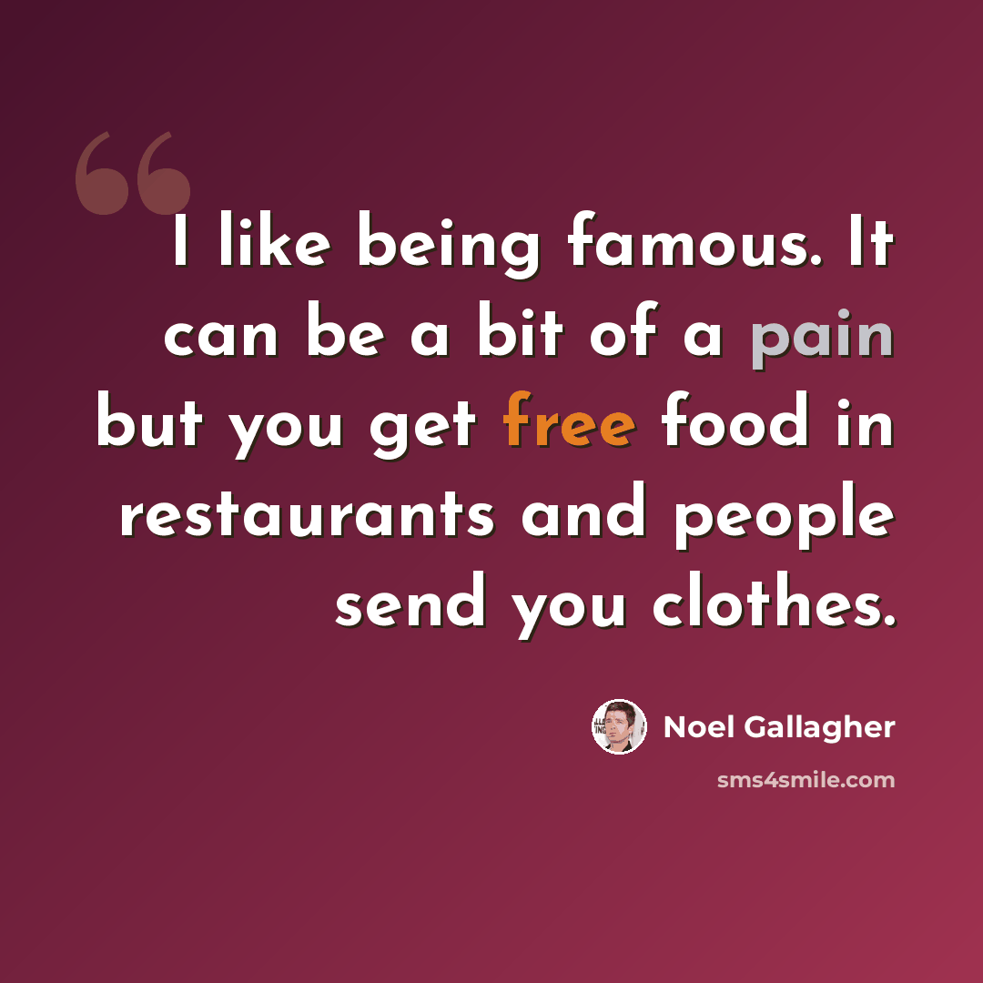 “I like being famous. It can be a bit of a pain but you get free food in restaurants and people send you clothes.” quote by Noel Gallagher