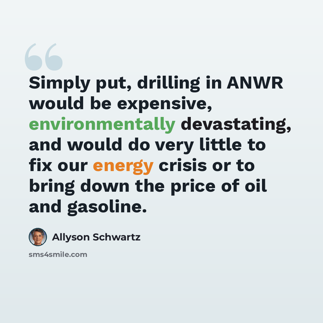 “Simply put, drilling in ANWR would be expensive, environmentally devastating, and would do very little to fix our energy crisis or to bring down the price of oil and gasoline.” quote by Allyson Schwartz