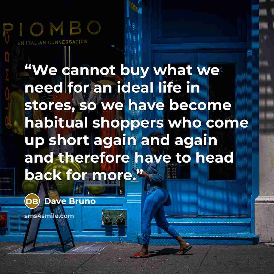 “We cannot buy what we need for an ideal life in stores, so we have become habitual shoppers who come up short again and again and therefore have to head back for more.” quote by Dave Bruno