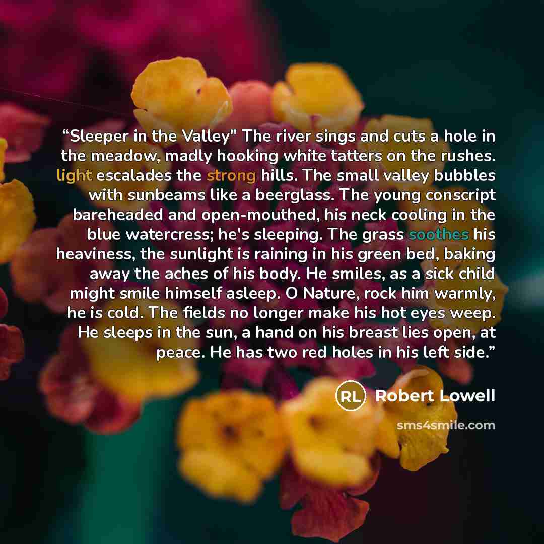 “Sleeper in the Valley" The river sings and cuts a hole in the meadow, madly hooking white tatters on the rushes. light escalades the strong hills. The small valley bubbles with sunbeams like a beerglass. The young conscript bareheaded and open-mouthed, his neck cooling in the blue watercress; he's…” quote by Robert Lowell