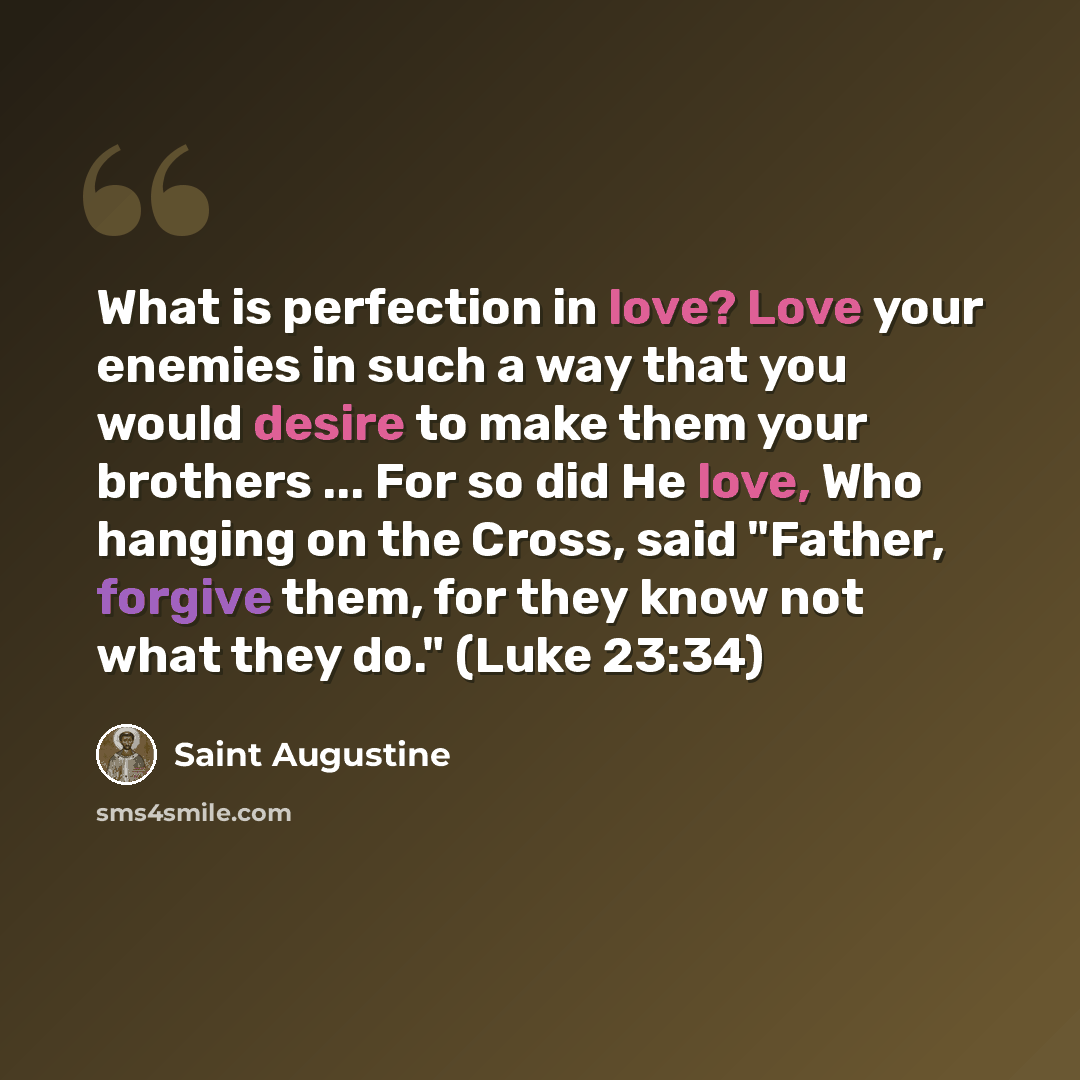 “What is perfection in love? Love your enemies in such a way that you would desire to make them your brothers ... For so did He love, Who hanging on the Cross, said "Father, forgive them, for they know not what they do." (Luke 23:34)” quote by Saint Augustine