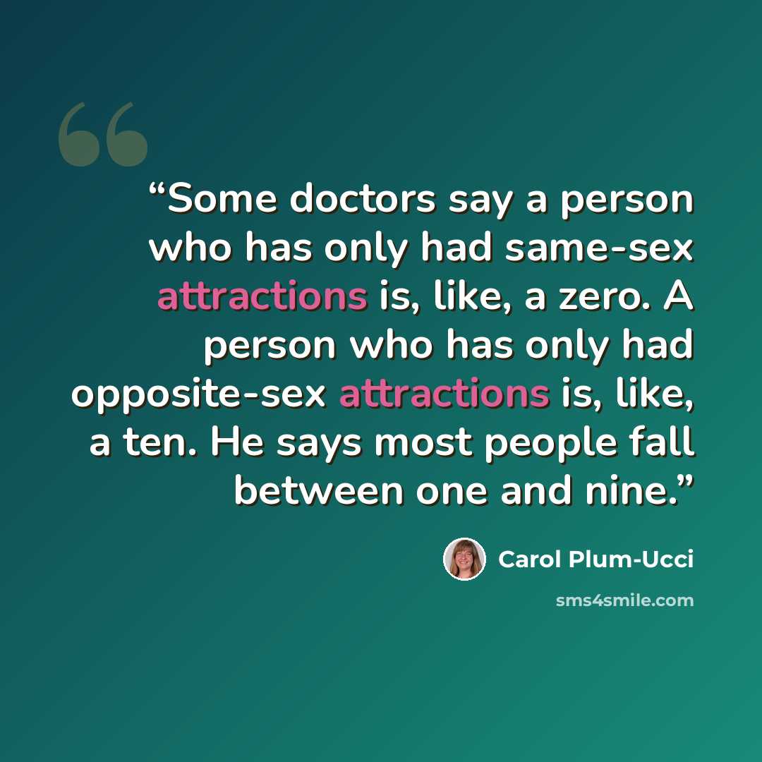 “Some doctors say a person who has only had same-sex attractions is, like, a zero. A person who has only had opposite-sex attractions is, like, a ten. He says most people fall between one and nine.” quote by Carol Plum-Ucci