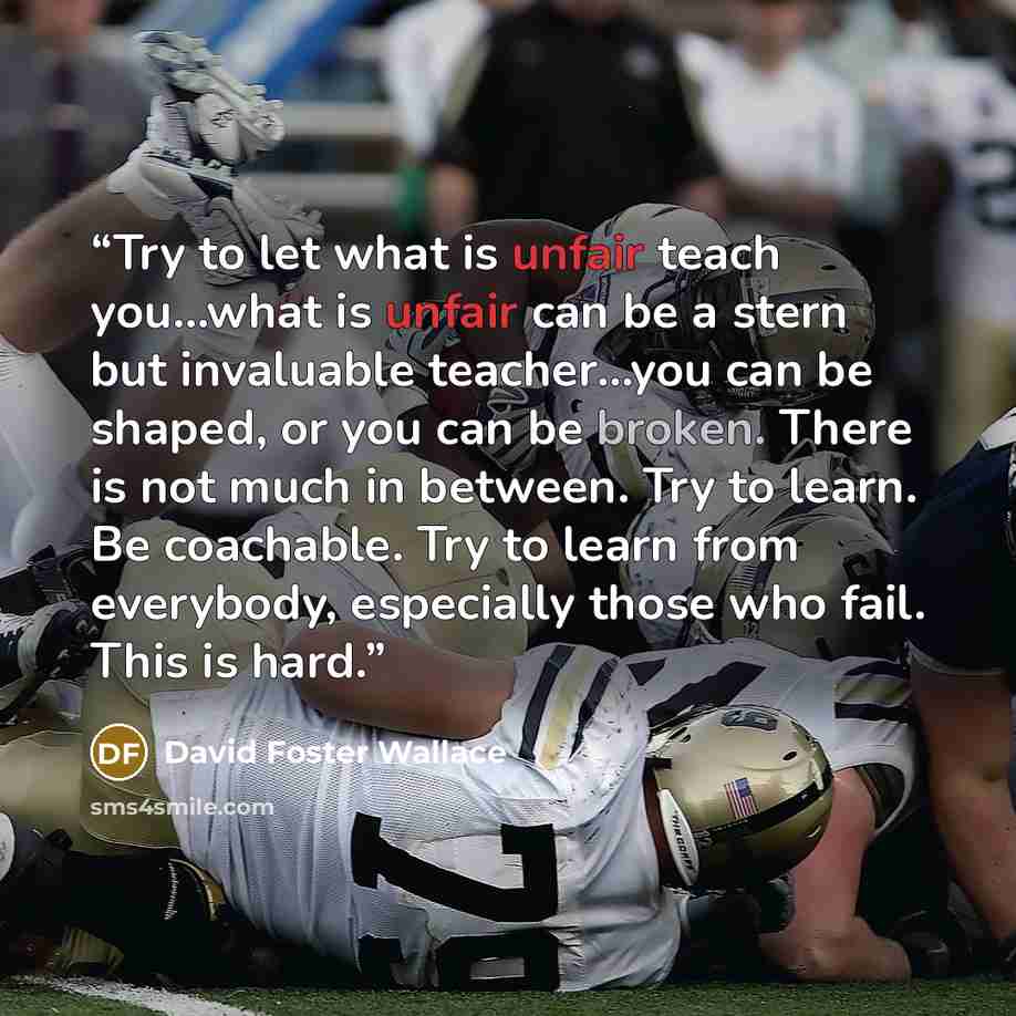 “Try to let what is unfair teach you…what is unfair can be a stern but invaluable teacher…you can be shaped, or you can be broken. There is not much in between. Try to learn. Be coachable. Try to learn from everybody, especially those who fail. This is hard.” quote by David Foster Wallace