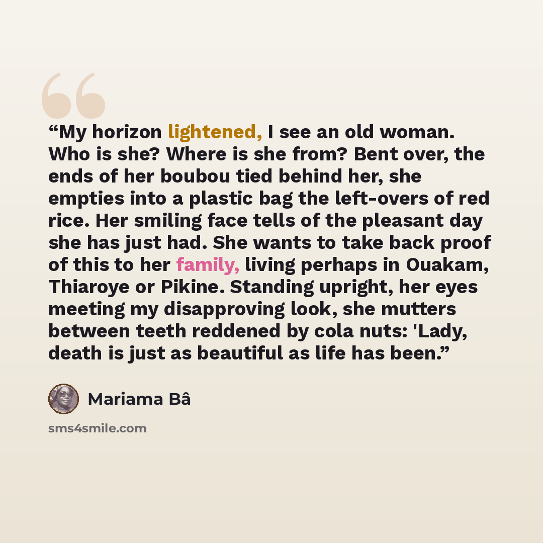 “My horizon lightened, I see an old woman. Who is she? Where is she from? Bent over, the ends of her boubou tied behind her, she empties into a plastic bag the left-overs of red rice. Her smiling face tells of the pleasant day she has just had. She wants to take back proof of this to her family…” quote by Mariama Bâ