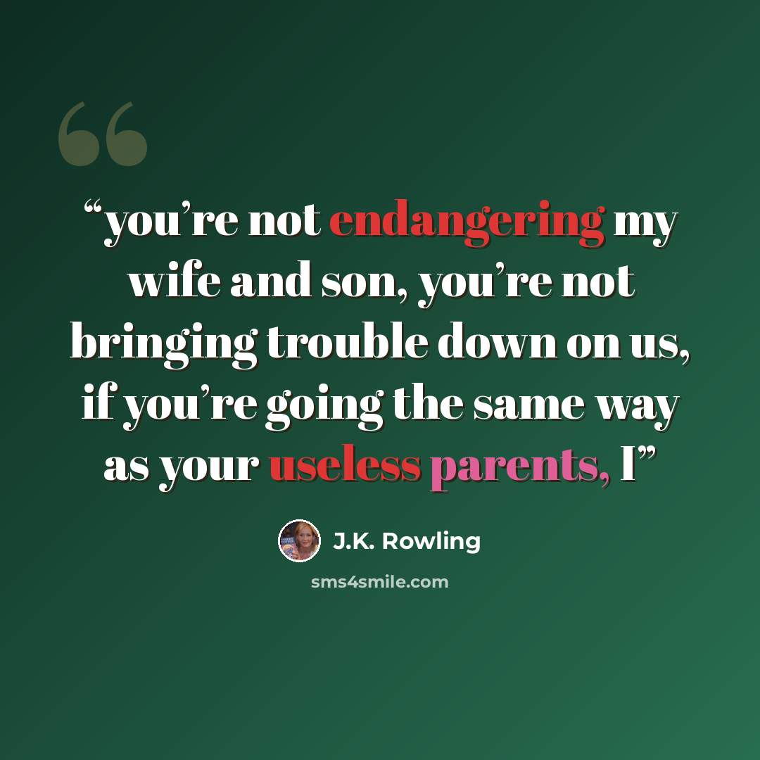 “you’re not endangering my wife and son, you’re not bringing trouble down on us, if you’re going the same way as your useless parents, I” quote by J.K. Rowling
