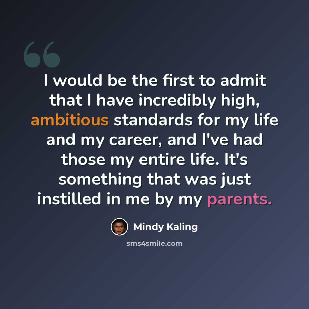 “I would be the first to admit that I have incredibly high, ambitious standards for my life and my career, and I've had those my entire life. It's something that was just instilled in me by my parents.” quote by Mindy Kaling