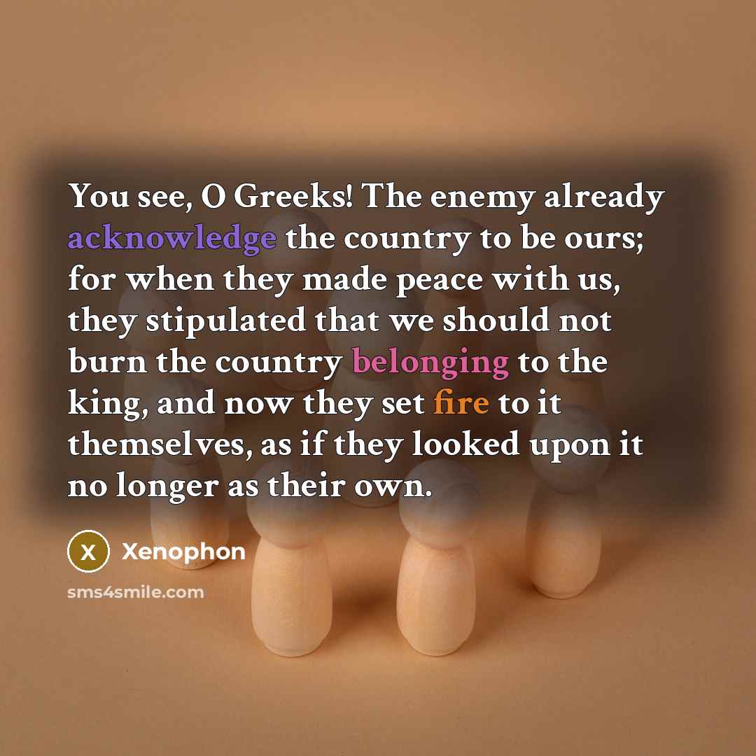 “You see, O Greeks! The enemy already acknowledge the country to be ours; for when they made peace with us, they stipulated that we should not burn the country belonging to the king, and now they set fire to it themselves, as if they looked upon it no longer as their own.” quote by Xenophon