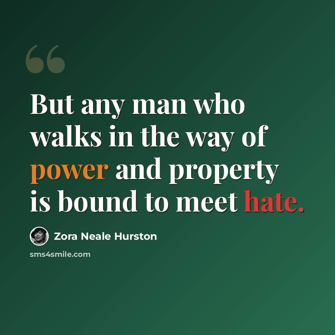 “But any man who walks in the way of power and property is bound to meet hate.” quote by Zora Neale Hurston
