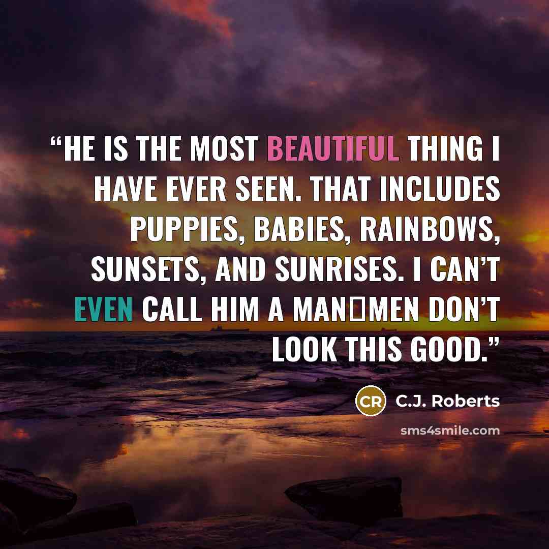 “He is the most beautiful thing I have ever seen. That includes puppies, babies, rainbows, sunsets, and sunrises. I can’t even call him a man―men don’t look this good.” quote by C.J. Roberts