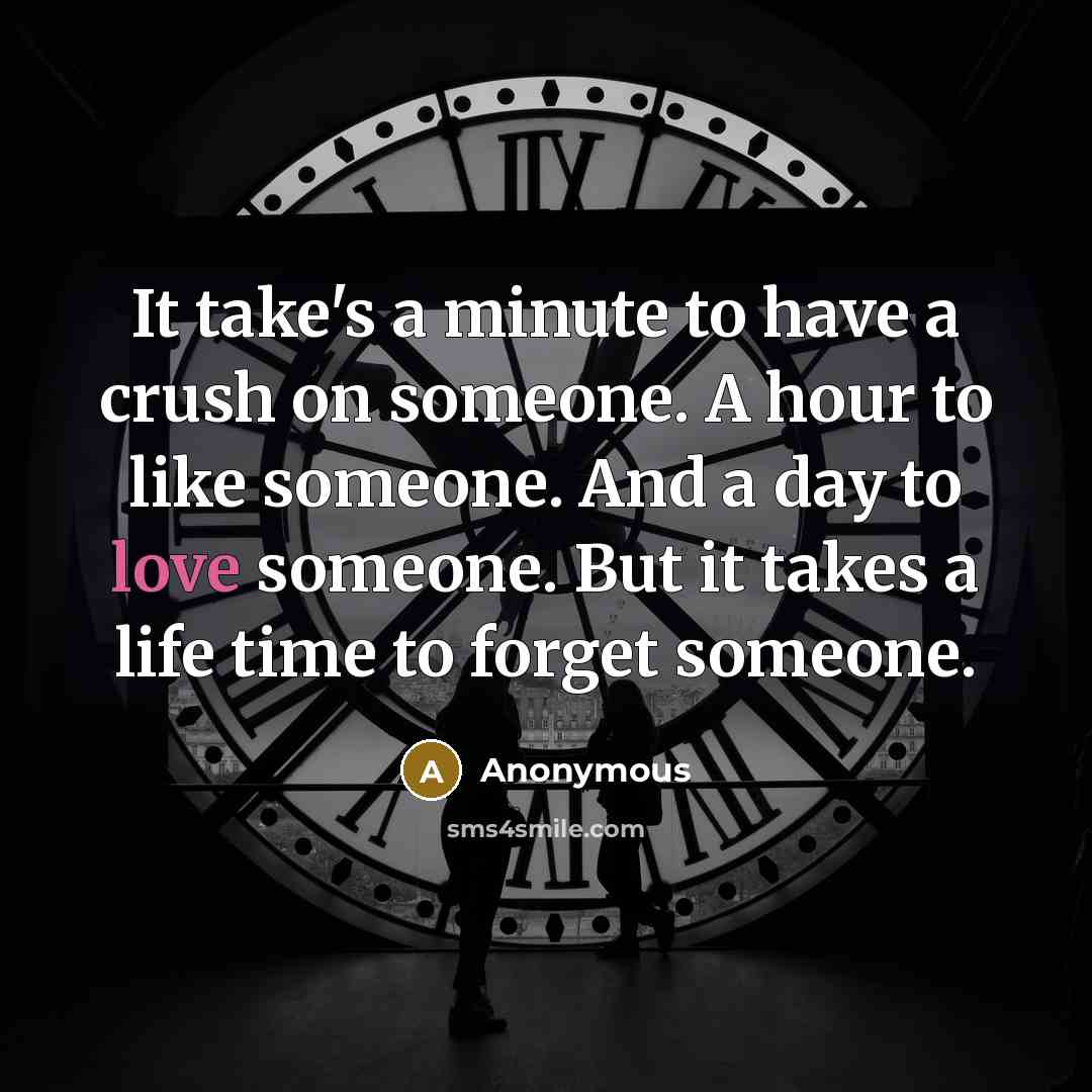 “It take's a minute to have a crush on someone. A hour to like someone. And a day to love someone. But it takes a life time to forget someone.” quote by Anonymous