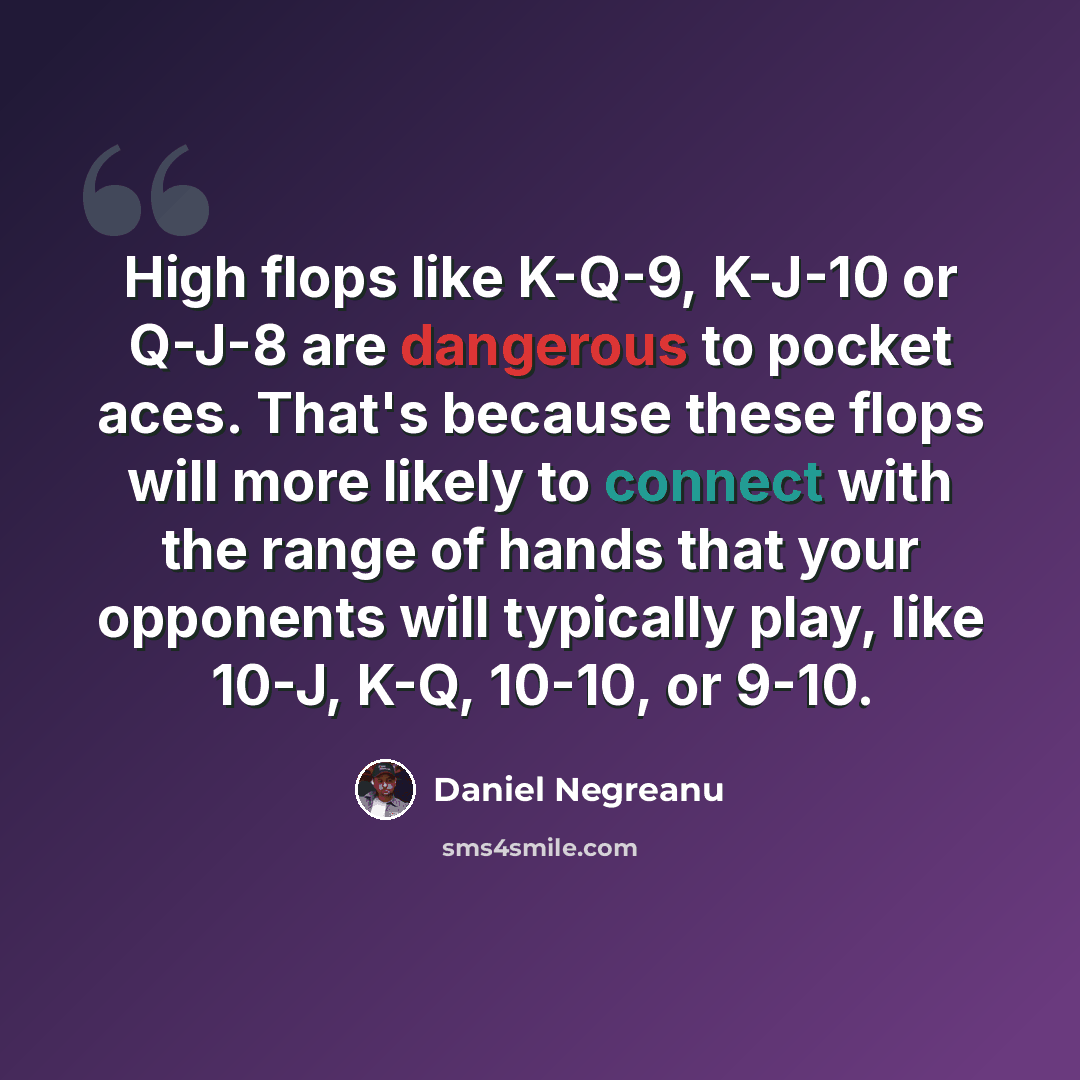 “High flops like K-Q-9, K-J-10 or Q-J-8 are dangerous to pocket aces. That's because these flops will more likely to connect with the range of hands that your opponents will typically play, like 10-J, K-Q, 10-10, or 9-10.” quote by Daniel Negreanu
