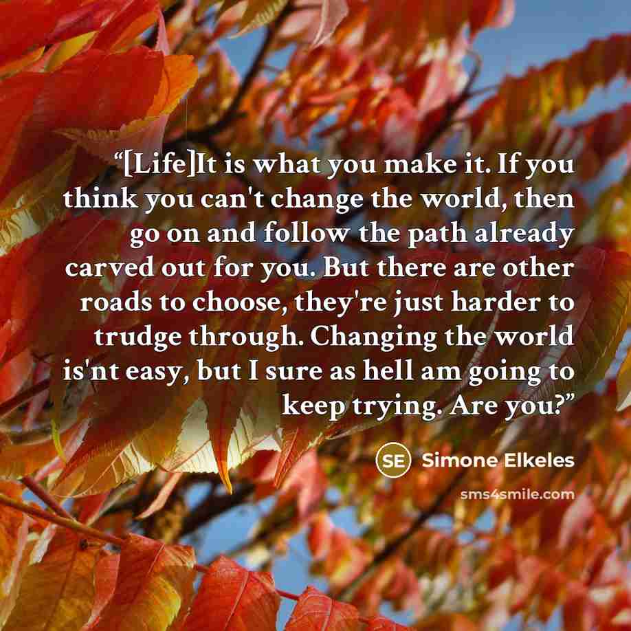 “[Life]It is what you make it. If you think you can't change the world, then go on and follow the path already carved out for you. But there are other roads to choose, they're just harder to trudge through. Changing the world is'nt easy, but I sure as hell am going to keep trying. Are you?” quote by Simone Elkeles