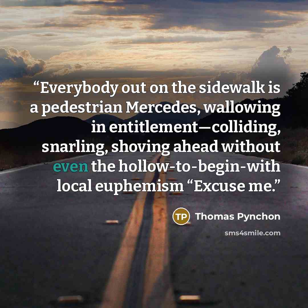 “Everybody out on the sidewalk is a pedestrian Mercedes, wallowing in entitlement—colliding, snarling, shoving ahead without even the hollow-to-begin-with local euphemism “Excuse me.” quote by Thomas Pynchon