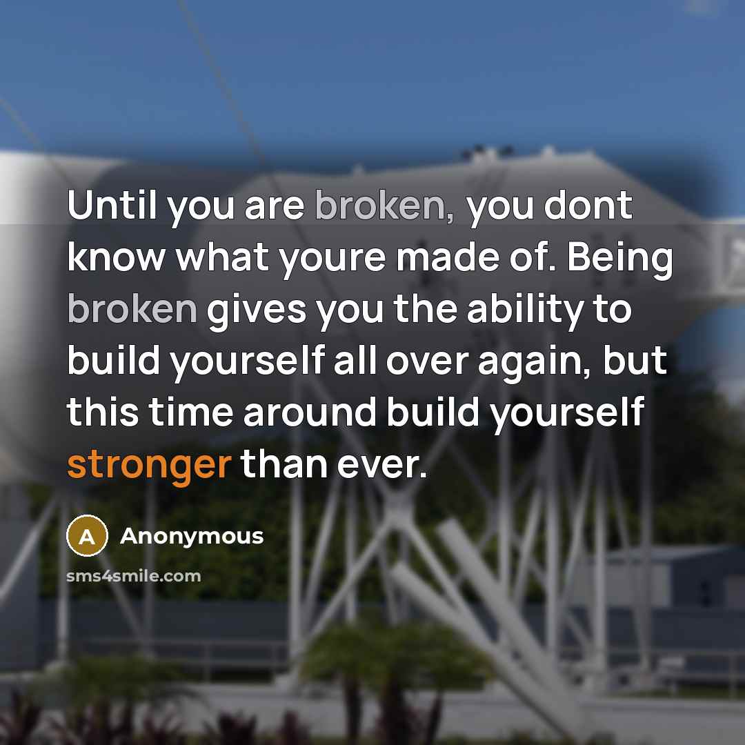 “Until you are broken, you dont know what youre made of. Being broken gives you the ability to build yourself all over again, but this time around build yourself stronger than ever.” quote by Anonymous