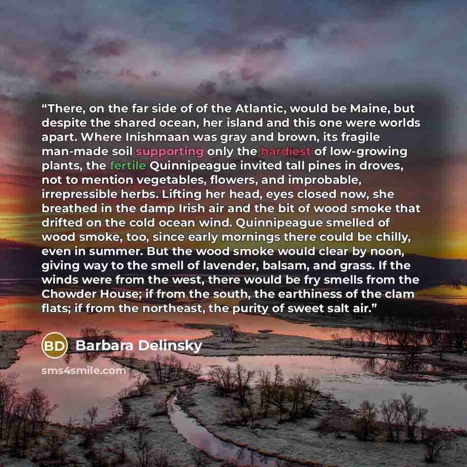 “There, on the far side of of the Atlantic, would be Maine, but despite the shared ocean, her island and this one were worlds apart. Where Inishmaan was gray and brown, its fragile man-made soil supporting only the hardiest of low-growing plants, the fertile Quinnipeague invited tall pines in…” quote by Barbara Delinsky