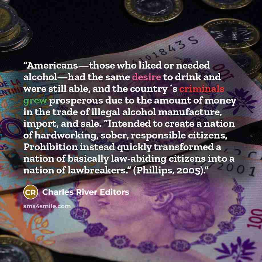 “Americans—those who liked or needed alcohol—had the same desire to drink and were still able, and the country´s criminals grew prosperous due to the amount of money in the trade of illegal alcohol manufacture, import, and sale. “Intended to create a nation of hardworking, sober, responsible…” quote by Charles River Editors