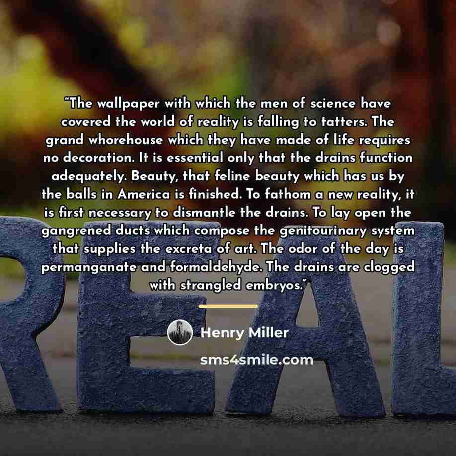 “The wallpaper with which the men of science have covered the world of reality is falling to tatters. The grand whorehouse which they have made of life requires no decoration. It is essential only that the drains function adequately. Beauty, that feline beauty which has us by the balls in America…” quote by Henry Miller