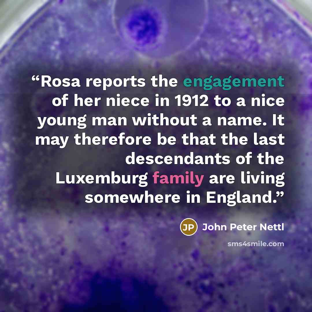 “Rosa reports the engagement of her niece in 1912 to a nice young man without a name. It may therefore be that the last descendants of the Luxemburg family are living somewhere in England.” quote by John Peter Nettl