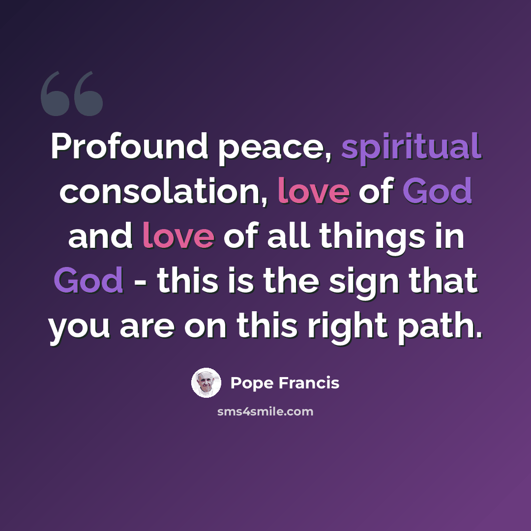 “Profound peace, spiritual consolation, love of God and love of all things in God - this is the sign that you are on this right path.” quote by Pope Francis