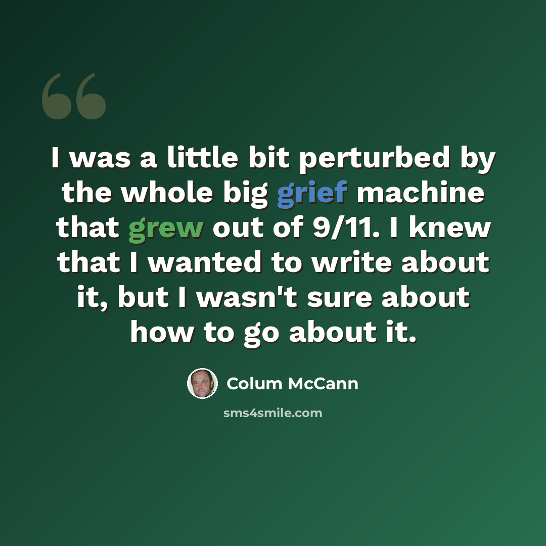 “I was a little bit perturbed by the whole big grief machine that grew out of 9/11. I knew that I wanted to write about it, but I wasn't sure about how to go about it.” quote by Colum McCann