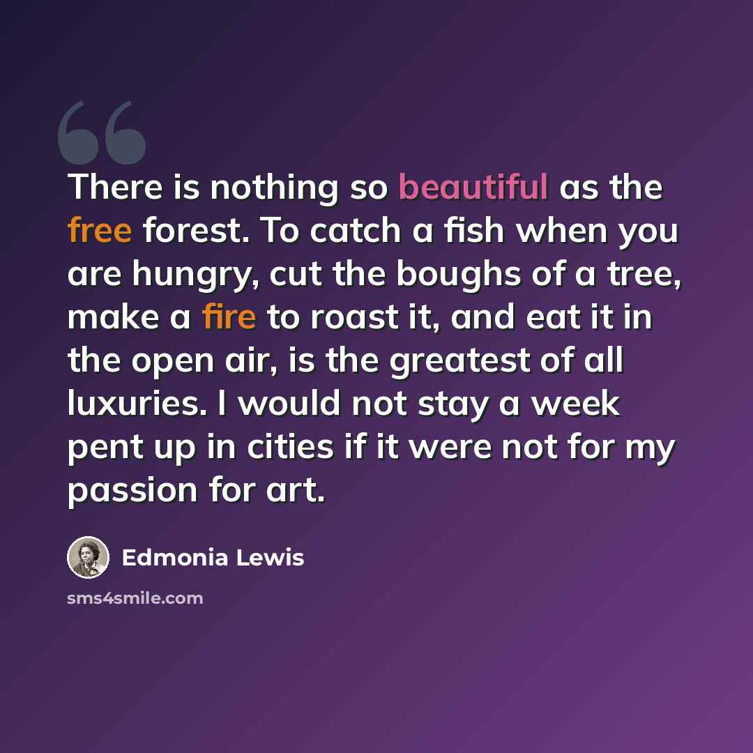 “There is nothing so beautiful as the free forest. To catch a fish when you are hungry, cut the boughs of a tree, make a fire to roast it, and eat it in the open air, is the greatest of all luxuries. I would not stay a week pent up in cities if it were not for my passion for art.” quote by Edmonia Lewis