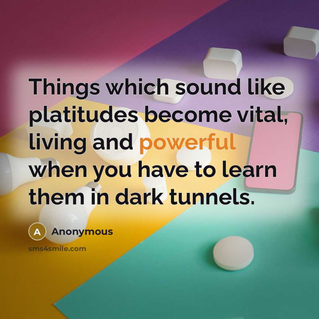 “Things which sound like platitudes become vital, living and powerful when you have to learn them in dark tunnels.” quote by Anonymous