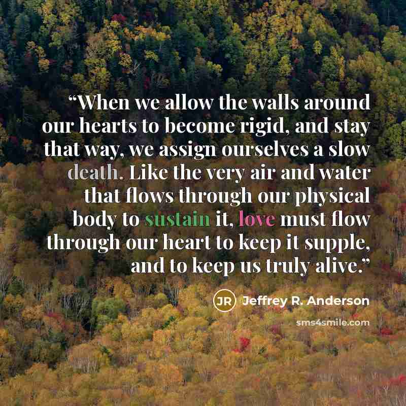 “When we allow the walls around our hearts to become rigid, and stay that way, we assign ourselves a slow death. Like the very air and water that flows through our physical body to sustain it, love must flow through our heart to keep it supple, and to keep us truly alive.” quote by Jeffrey R. Anderson