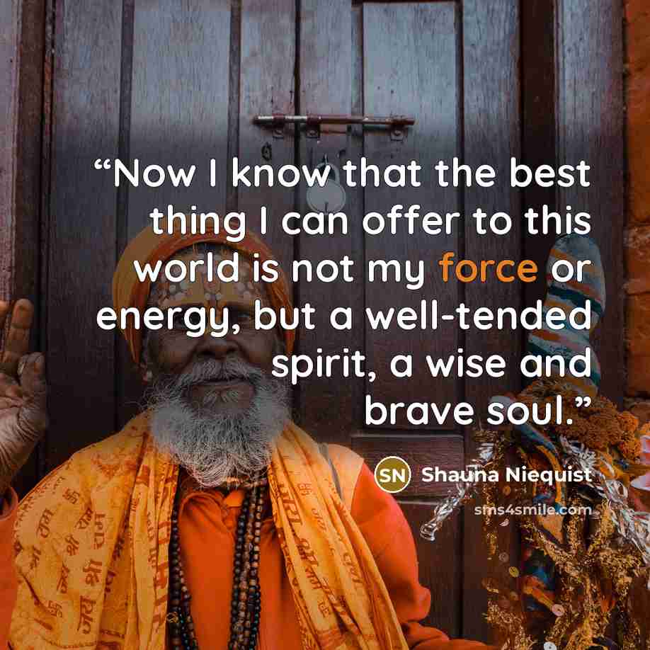 “Now I know that the best thing I can offer to this world is not my force or energy, but a well-tended spirit, a wise and brave soul.” quote by Shauna Niequist
