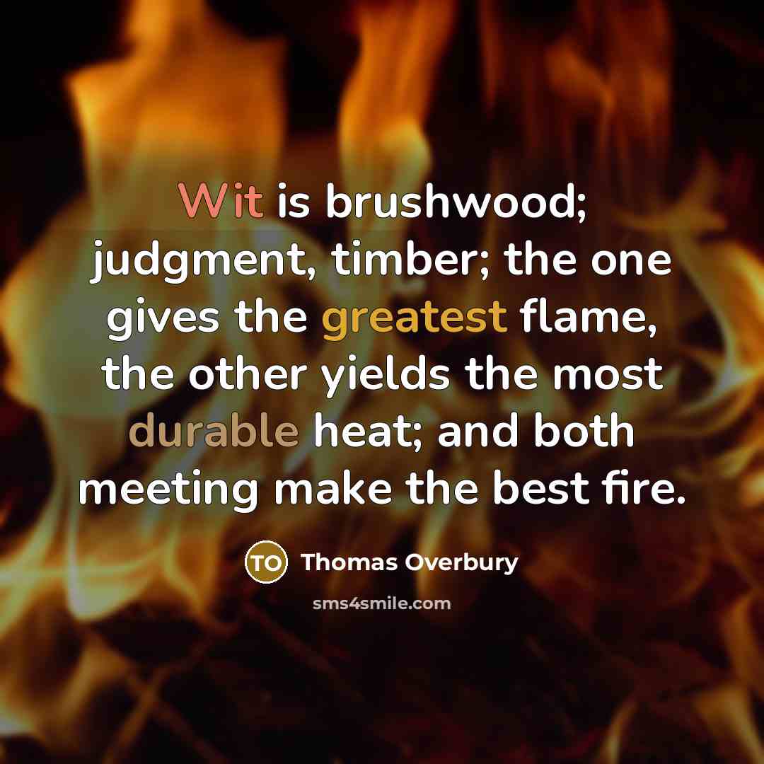 “Wit is brushwood; judgment, timber; the one gives the greatest flame, the other yields the most durable heat; and both meeting make the best fire.” quote by Thomas Overbury