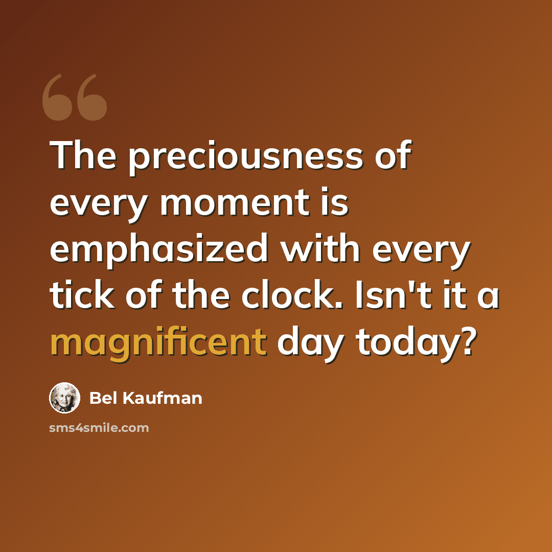 “The preciousness of every moment is emphasized with every tick of the clock. Isn't it a magnificent day today?” quote by Bel Kaufman