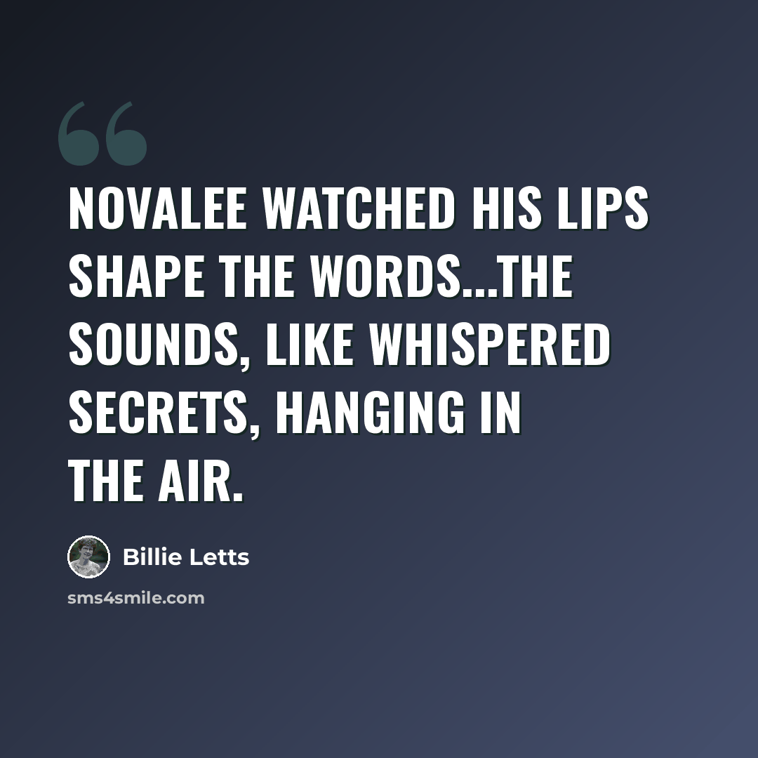“Novalee watched his lips shape the words...the sounds, like whispered secrets, hanging in the air.” quote by Billie Letts