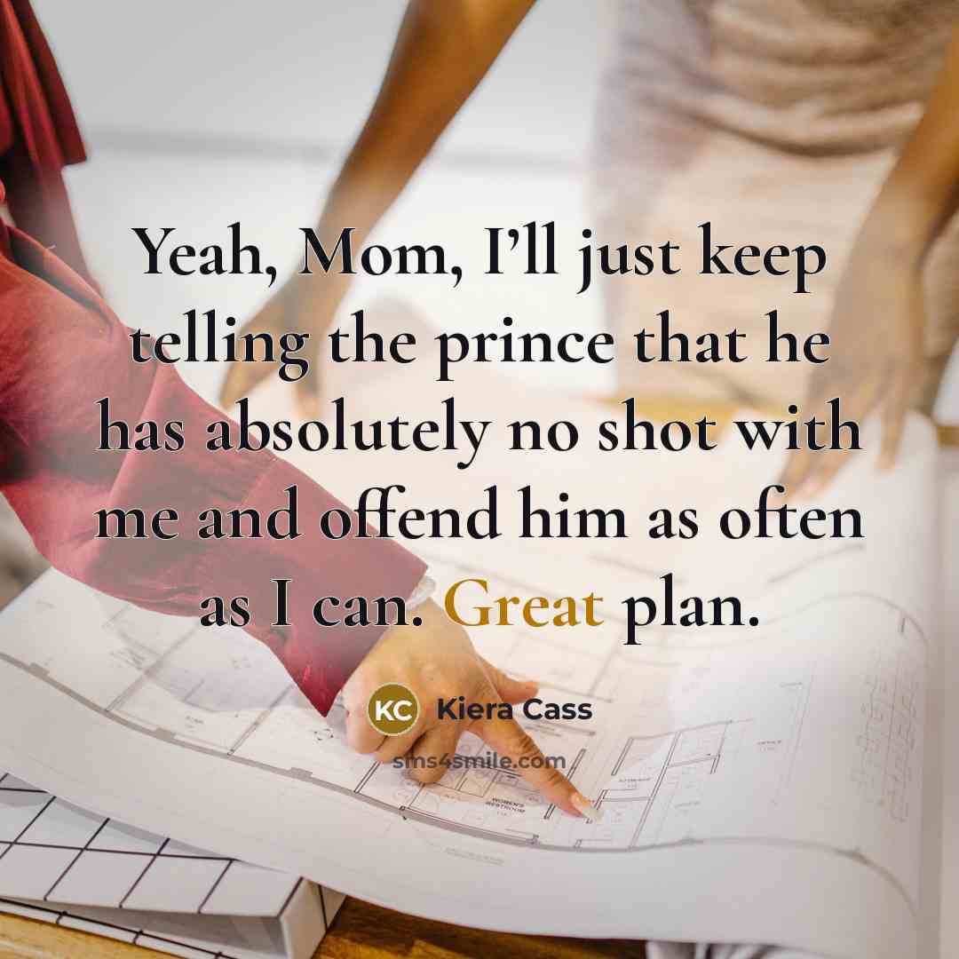 “Yeah, Mom, I’ll just keep telling the prince that he has absolutely no shot with me and offend him as often as I can. Great plan.” quote by Kiera Cass