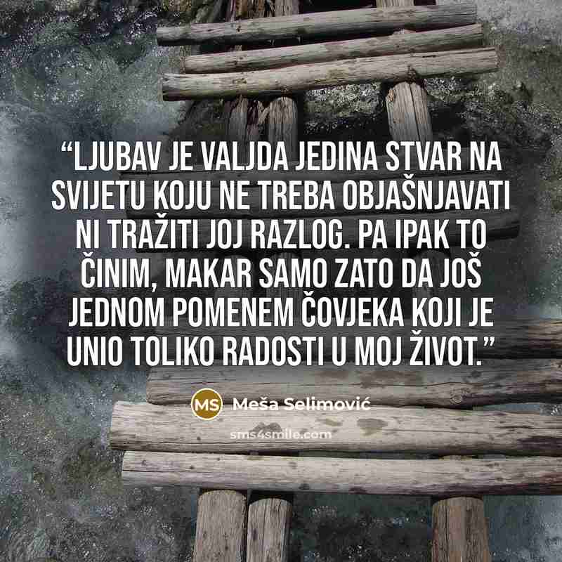 “Ljubav je valjda jedina stvar na svijetu koju ne treba objašnjavati ni tražiti joj razlog. Pa ipak to činim, makar samo zato da još jednom pomenem čovjeka koji je unio toliko radosti u moj život.” quote by Meša Selimović