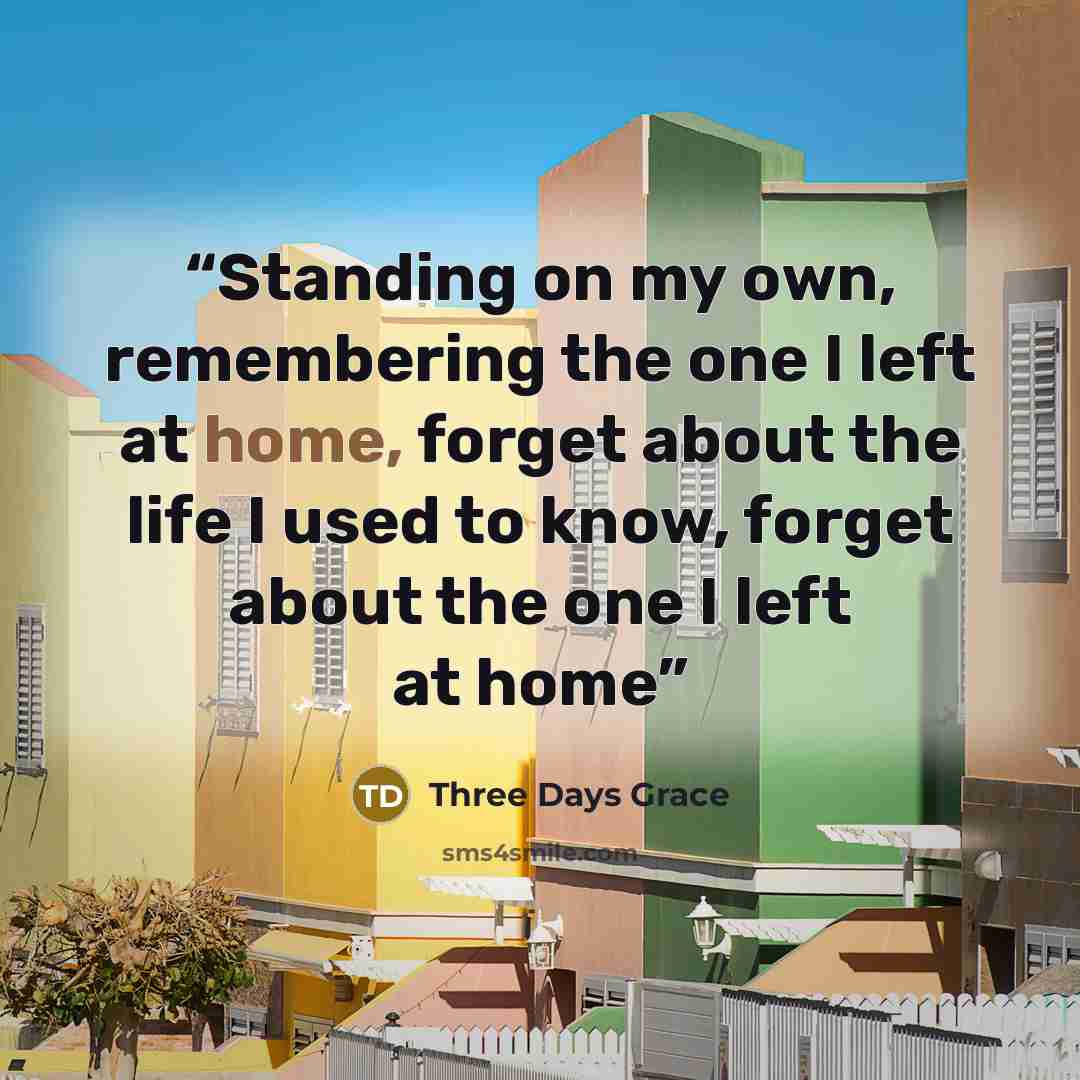 “Standing on my own, remembering the one I left at home, forget about the life I used to know, forget about the one I left at home” quote by Three Days Grace