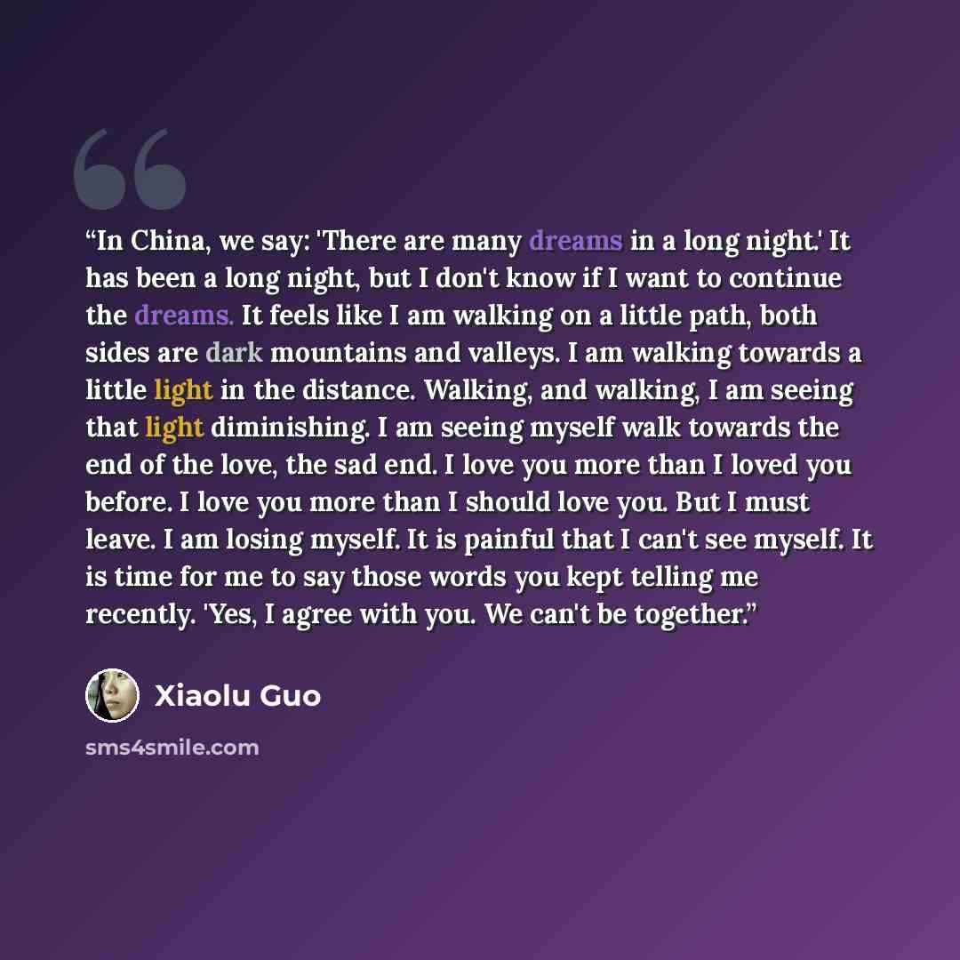 “In China, we say: 'There are many dreams in a long night.' It has been a long night, but I don't know if I want to continue the dreams. It feels like I am walking on a little path, both sides are dark mountains and valleys. I am walking towards a little light in the distance. Walking, and walking…” quote by Xiaolu Guo