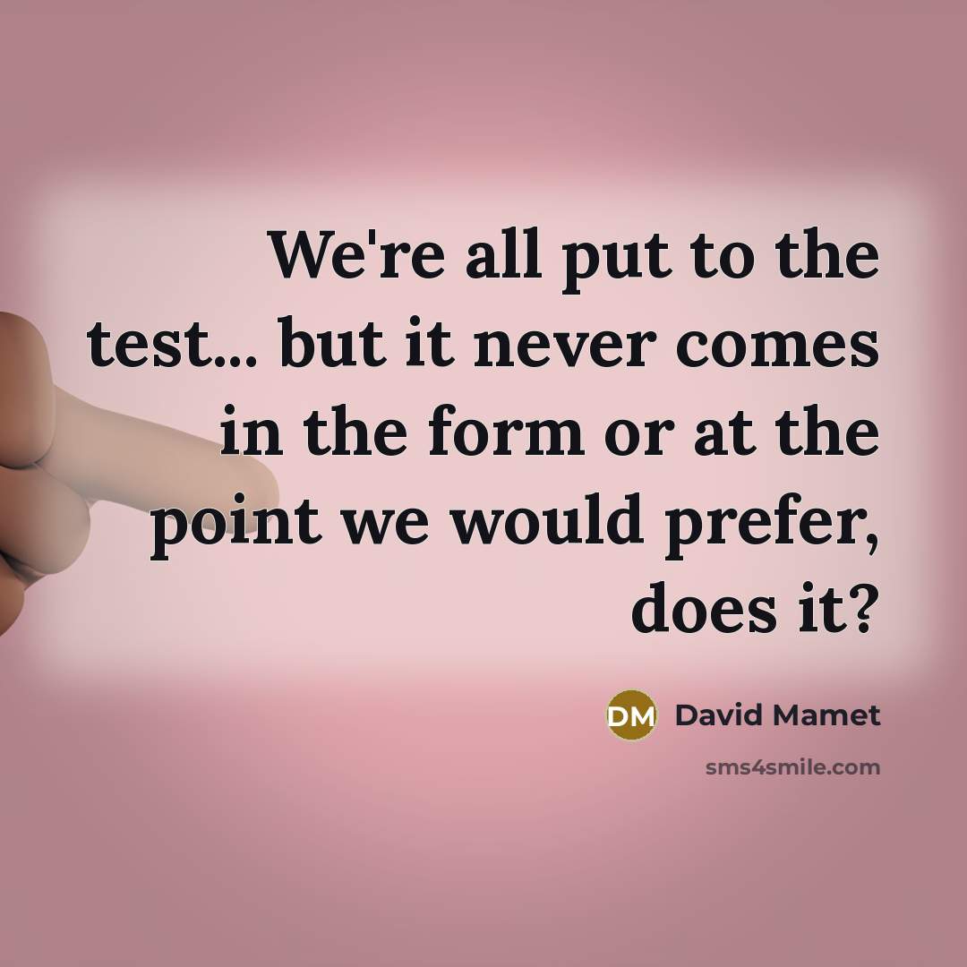 “We're all put to the test... but it never comes in the form or at the point we would prefer, does it?” quote by David Mamet