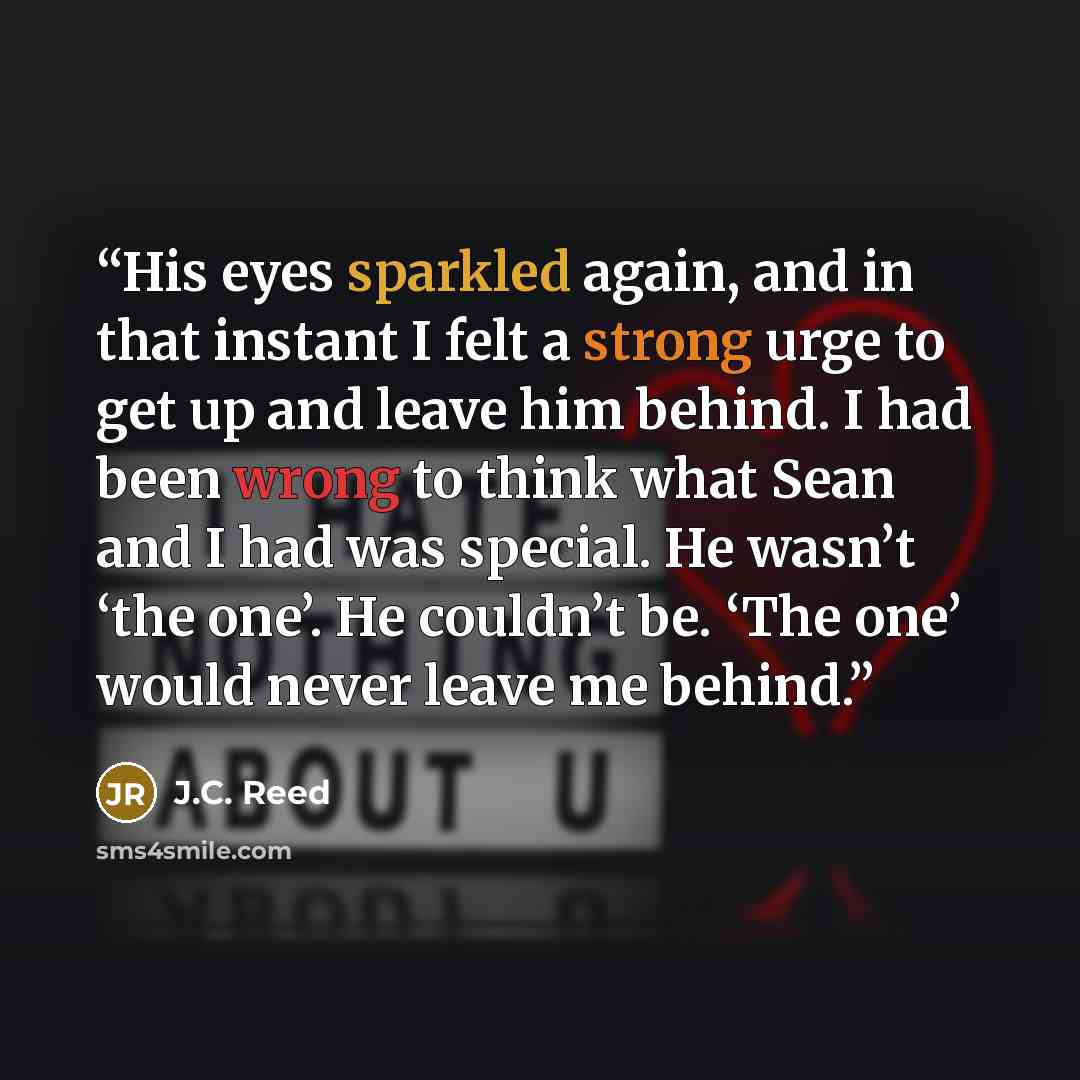 “His eyes sparkled again, and in that instant I felt a strong urge to get up and leave him behind. I had been wrong to think what Sean and I had was special. He wasn’t ‘the one’. He couldn’t be. ‘The one’ would never leave me behind.” quote by J.C. Reed