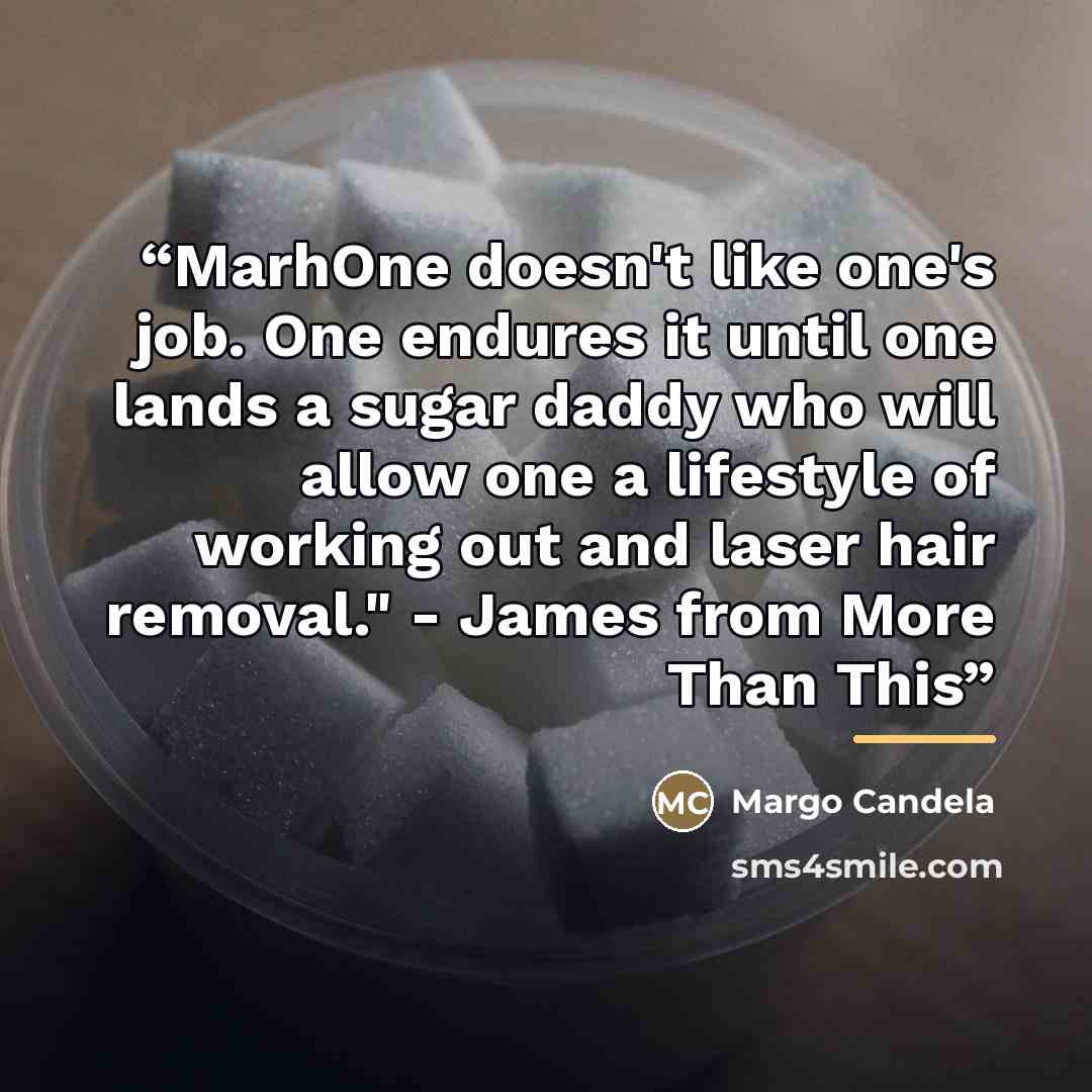 “MarhOne doesn't like one's job. One endures it until one lands a sugar daddy who will allow one a lifestyle of working out and laser hair removal." - James from More Than This” quote by Margo Candela
