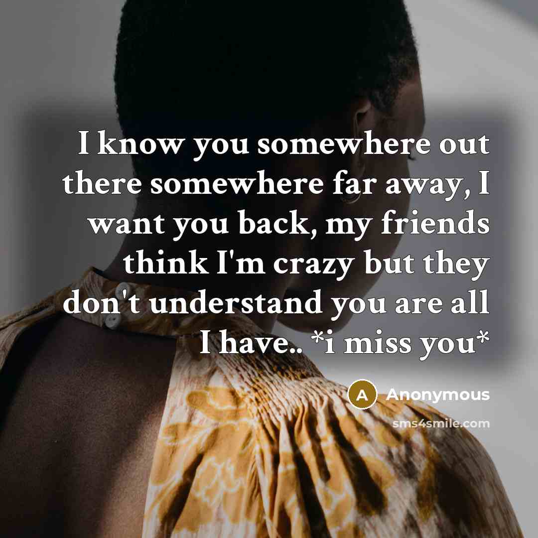 “I know you somewhere out there somewhere far away, I want you back, my friends think I'm crazy but they don't understand you are all I have.. *i miss you*” quote by Anonymous