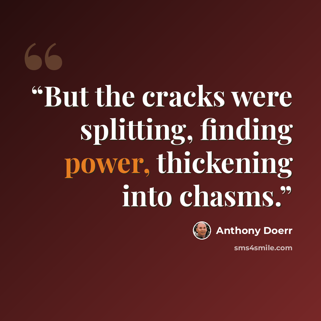 “But the cracks were splitting, finding power, thickening into chasms.” quote by Anthony Doerr