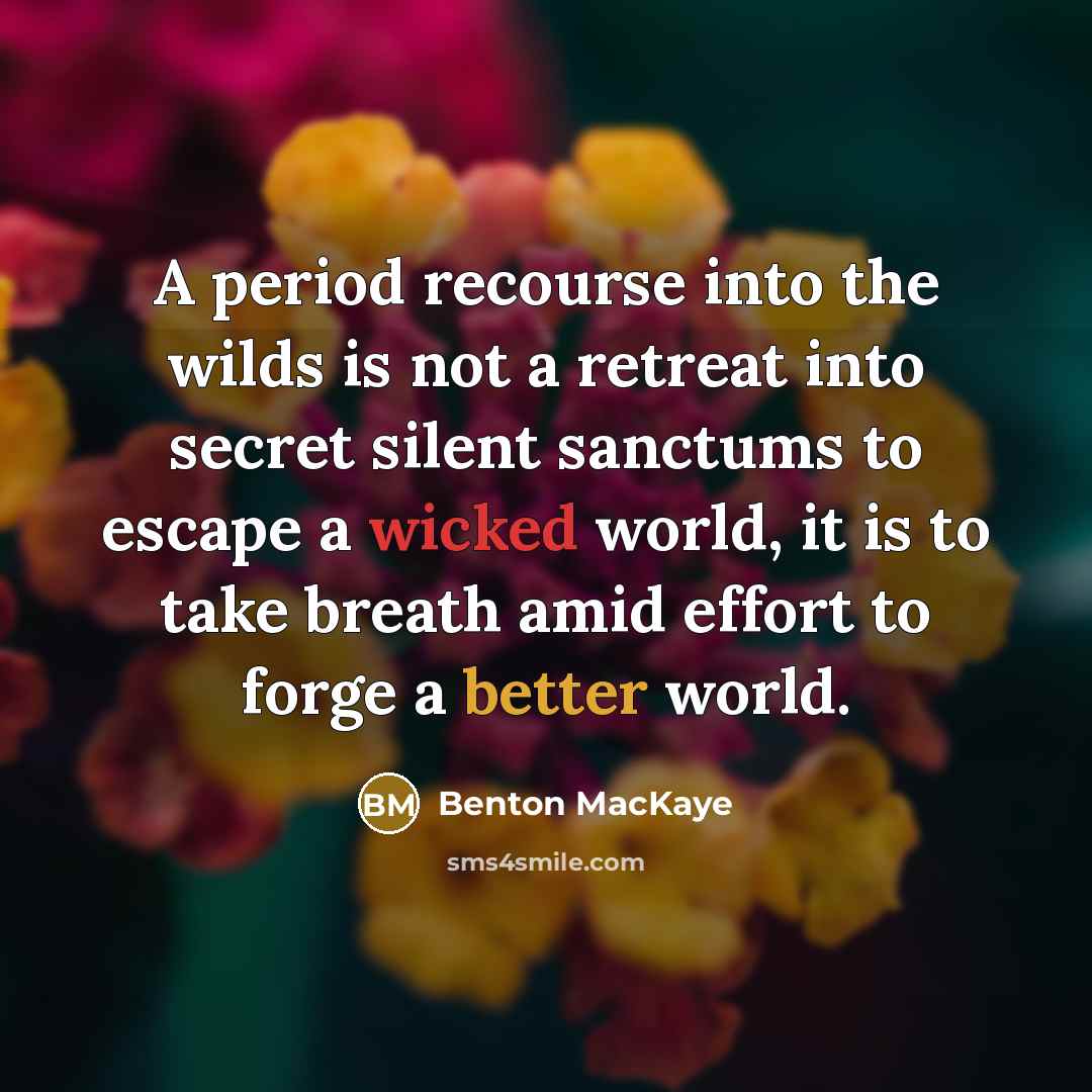 “A period recourse into the wilds is not a retreat into secret silent sanctums to escape a wicked world, it is to take breath amid effort to forge a better world.” quote by Benton MacKaye