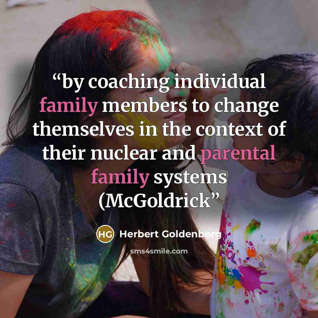 “by coaching individual family members to change themselves in the context of their nuclear and parental family systems (McGoldrick” quote by Herbert Goldenberg