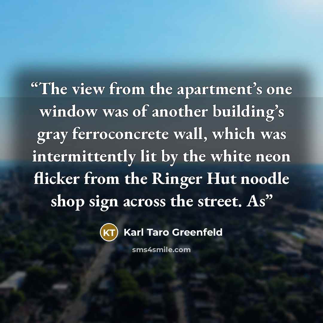 “The view from the apartment’s one window was of another building’s gray ferroconcrete wall, which was intermittently lit by the white neon flicker from the Ringer Hut noodle shop sign across the street. As” quote by Karl Taro Greenfeld