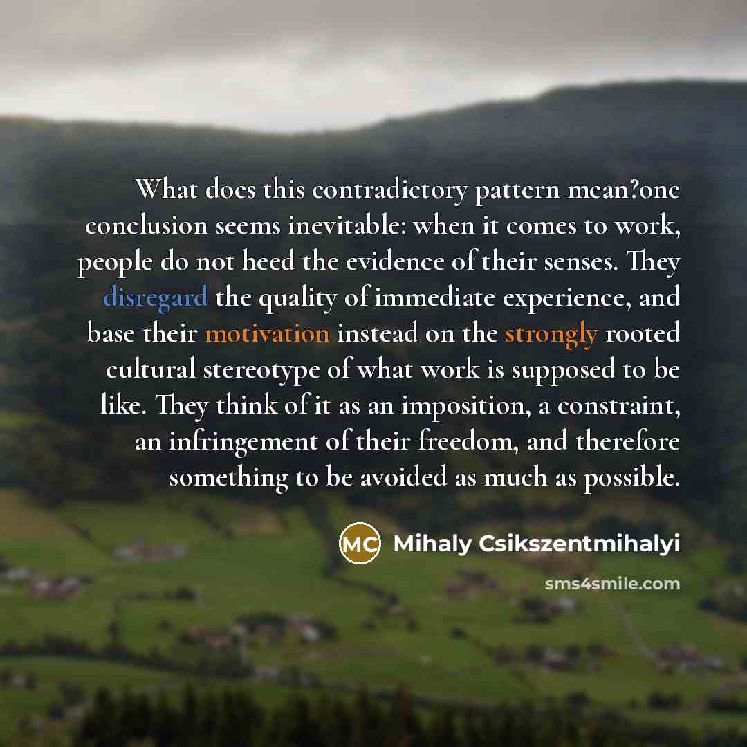 “What does this contradictory pattern mean?one conclusion seems inevitable: when it comes to work, people do not heed the evidence of their senses. They disregard the quality of immediate experience, and base their motivation instead on the strongly rooted cultural stereotype of what work is…” quote by Mihaly Csikszentmihalyi