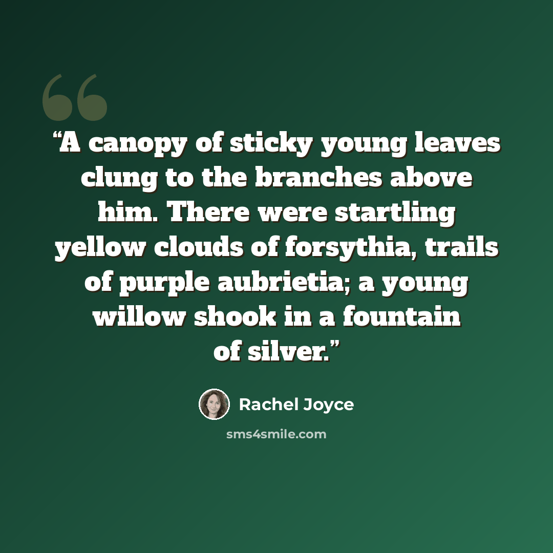 “A canopy of sticky young leaves clung to the branches above him. There were startling yellow clouds of forsythia, trails of purple aubrietia; a young willow shook in a fountain of silver.” quote by Rachel Joyce