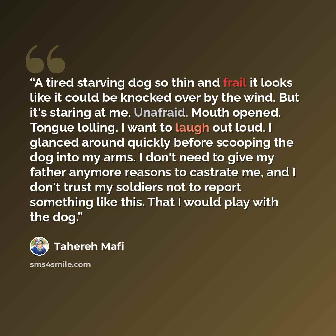 “A tired starving dog so thin and frail it looks like it could be knocked over by the wind. But it's staring at me. Unafraid. Mouth opened. Tongue lolling. I want to laugh out loud. I glanced around quickly before scooping the dog into my arms. I don't need to give my father anymore reasons to…” quote by Tahereh Mafi