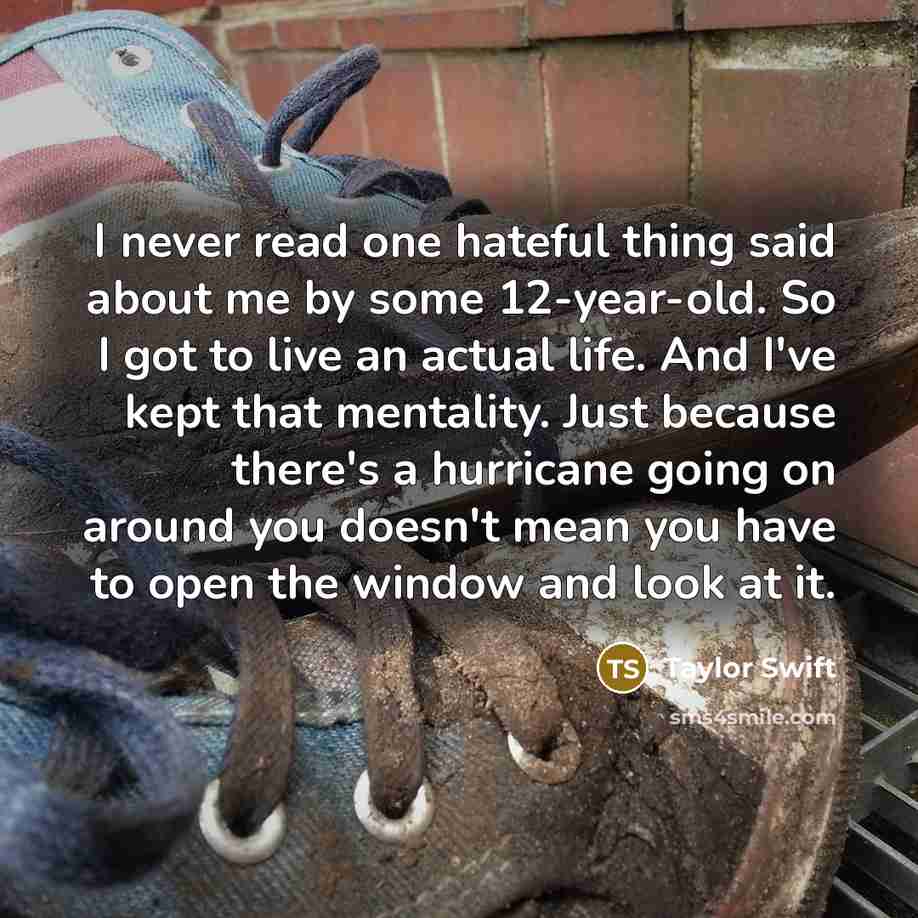 “I never read one hateful thing said about me by some 12-year-old. So I got to live an actual life. And I've kept that mentality. Just because there's a hurricane going on around you doesn't mean you have to open the window and look at it.” quote by Taylor Swift