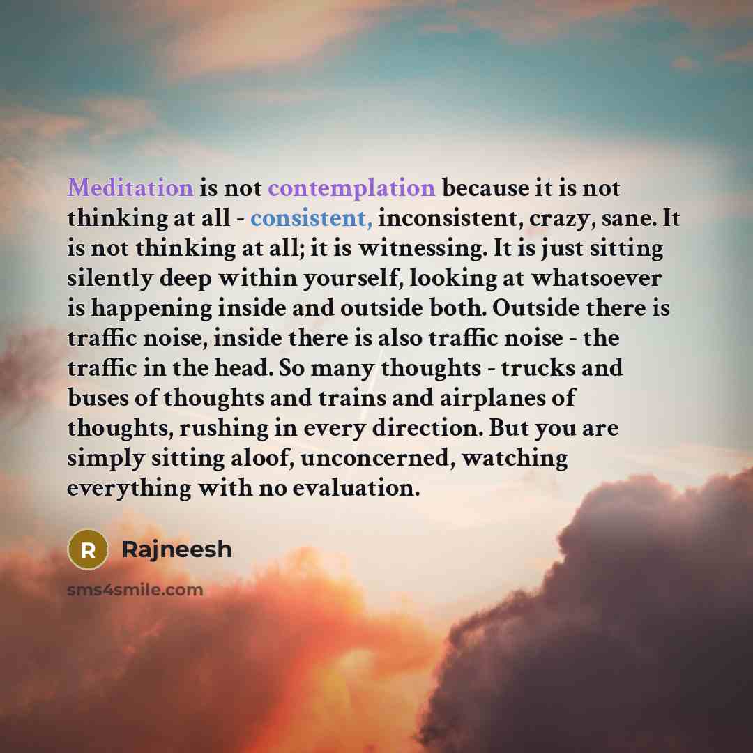“Meditation is not contemplation because it is not thinking at all - consistent, inconsistent, crazy, sane. It is not thinking at all; it is witnessing. It is just sitting silently deep within yourself, looking at whatsoever is happening inside and outside both. Outside there is traffic noise…” quote by Rajneesh