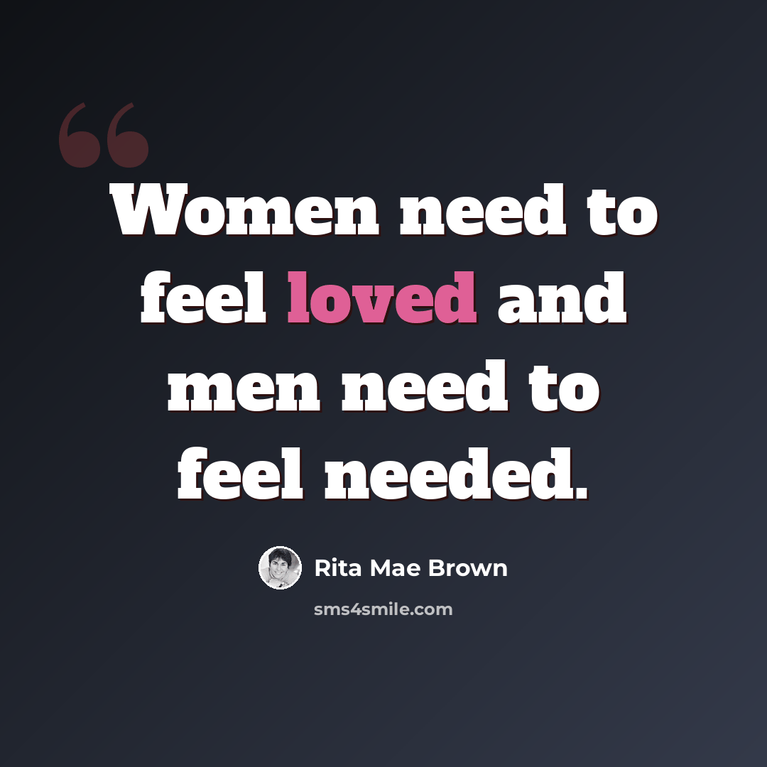 “Women need to feel loved and men need to feel needed.” quote by Rita Mae Brown